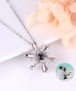 925 Sterling Silver Snowflake necklace with discreet customized keepsake image in peephole projection.