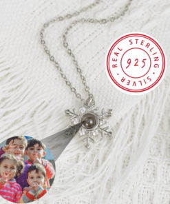 925 Sterling Silver Snowflake necklace with discreet customized keepsake image in peephole projection.