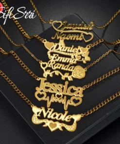 Collection of personalized name necklaces with various designs.