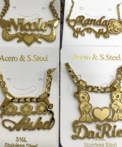 Collection of personalized name necklaces with various designs.